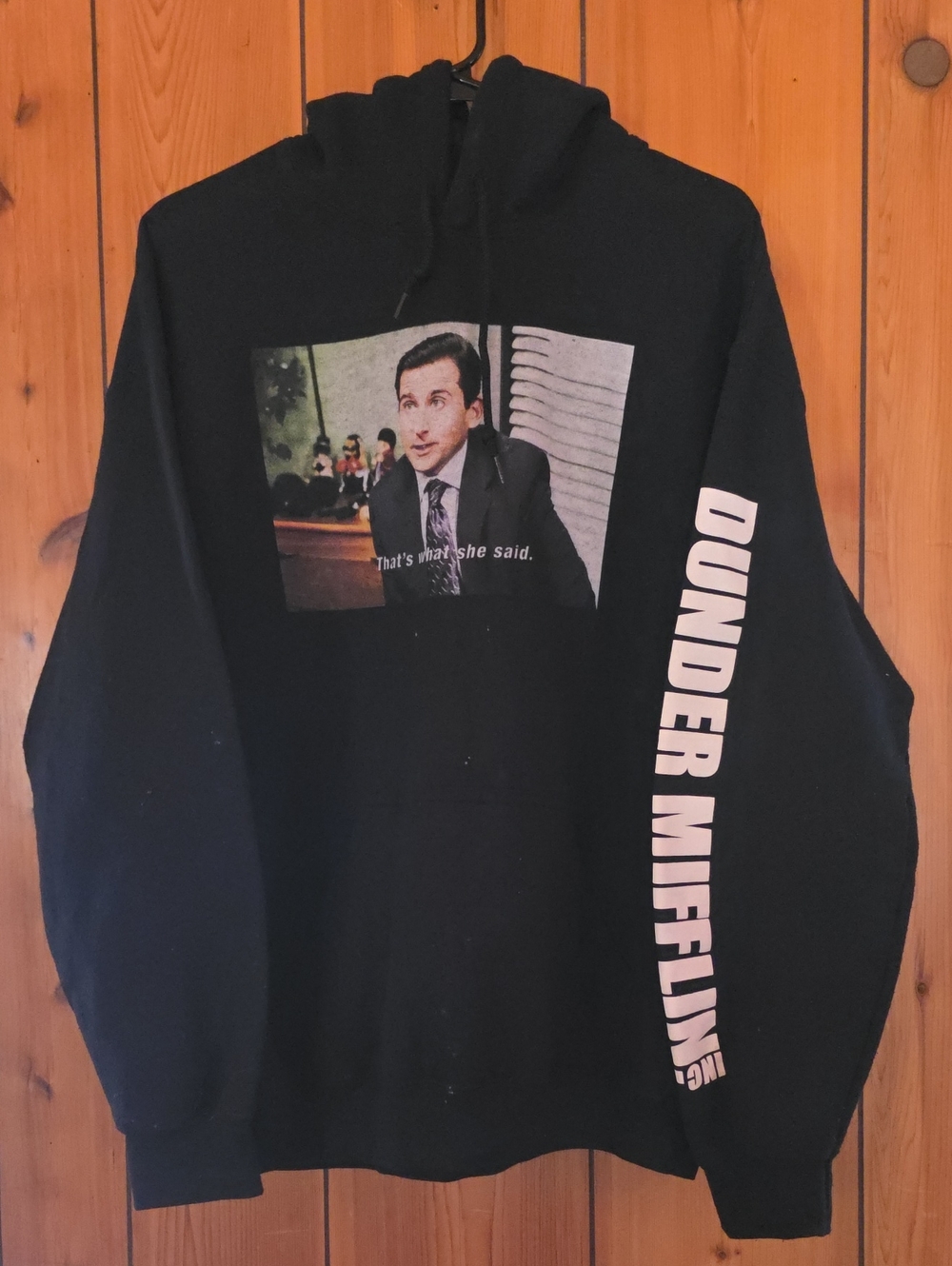 Black Graphic Pullover Hoodie with 'That's What She Said' Print and Sleeve Text